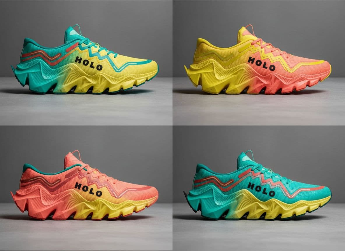 Four colourways of the same running shoe generated in NewArc