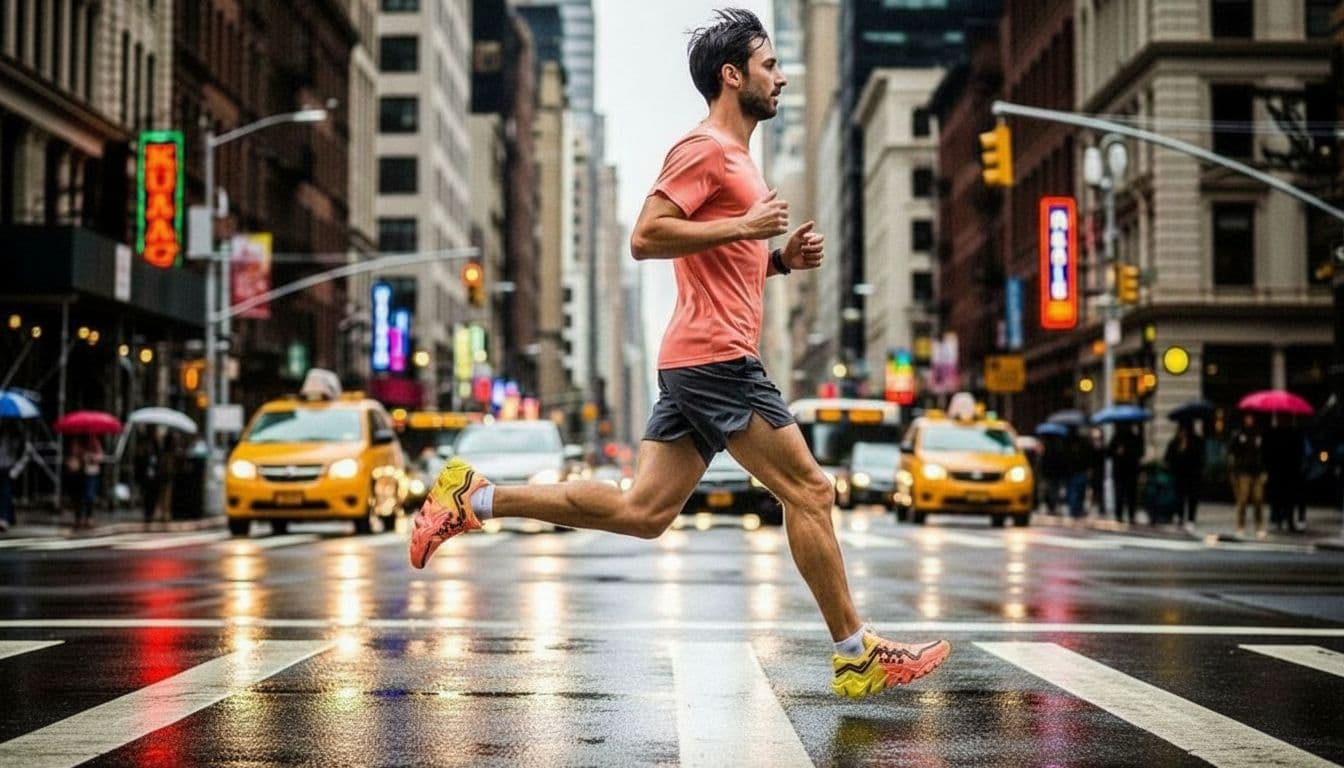 Runner wearing the shoe on a city street, generated in NewArc