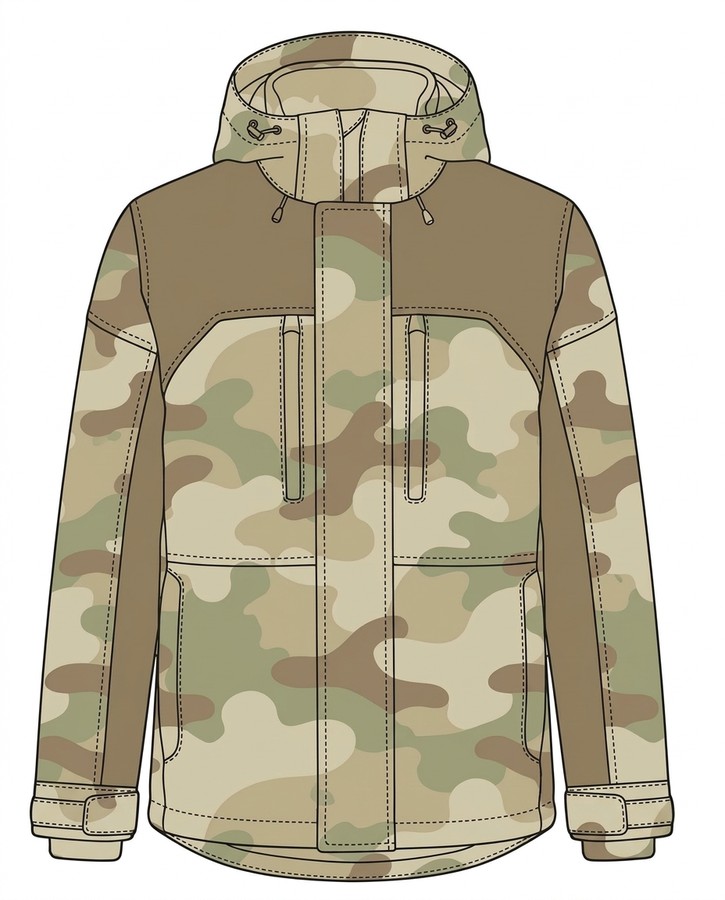 The jacket with camo print and solid tan yoke and side panels