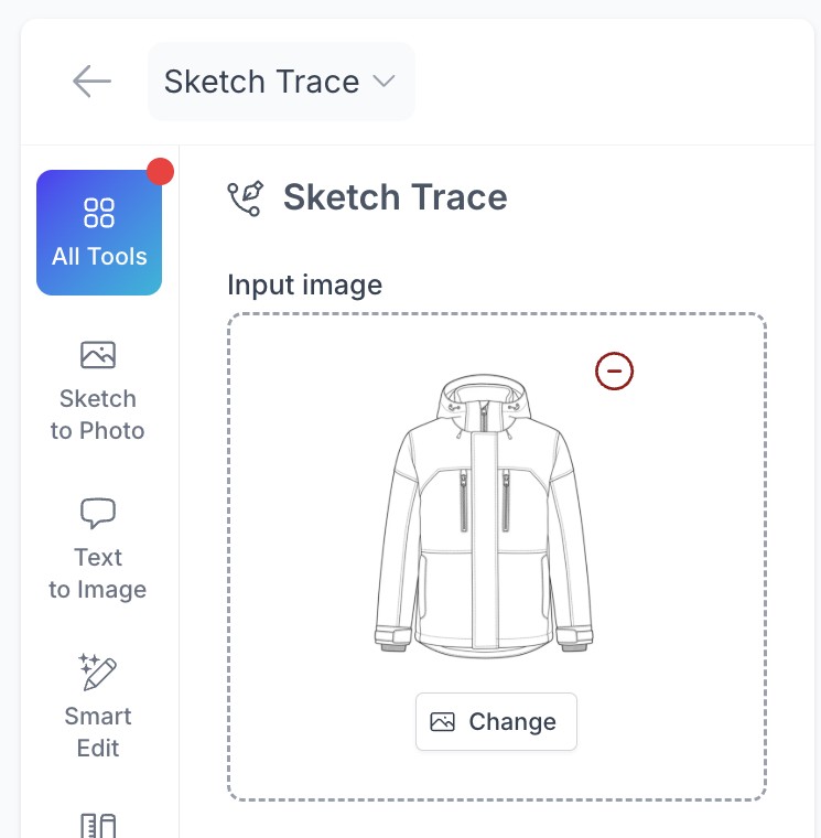 The Sketch Trace tool in NewArc with a jacket sketch added as the input image