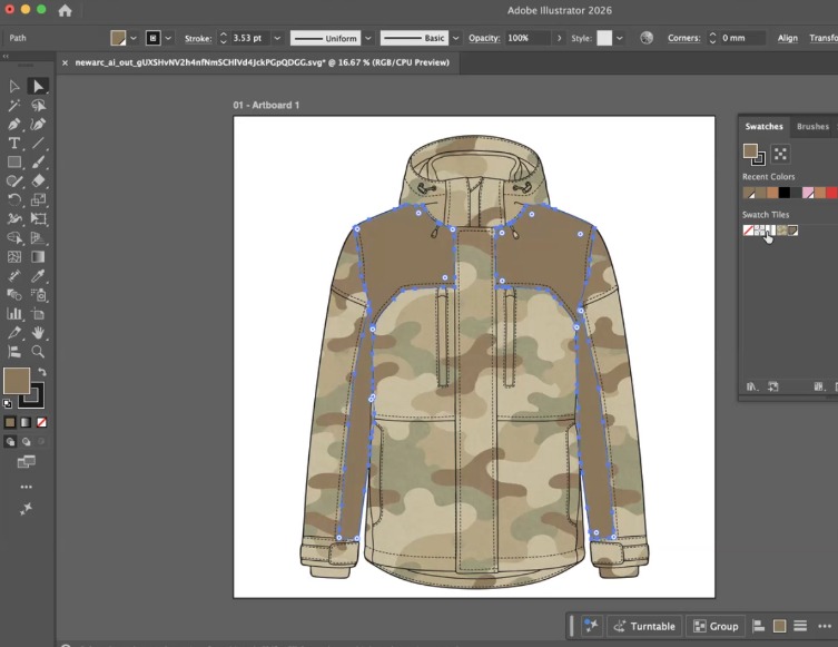 The traced jacket open in Adobe Illustrator with its tools and swatches panel, color blocked with camo print and solid panels