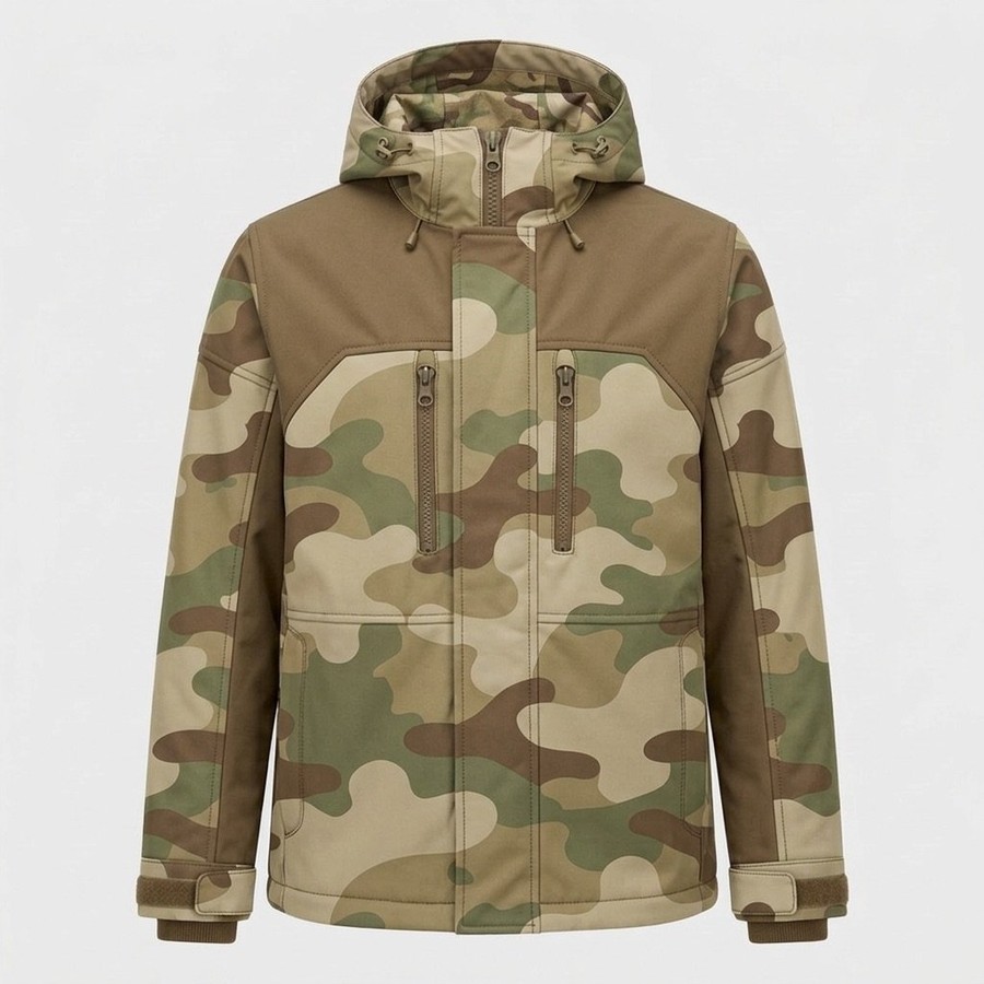 A realistic camo jacket generated in NewArc from the color blocked sketch