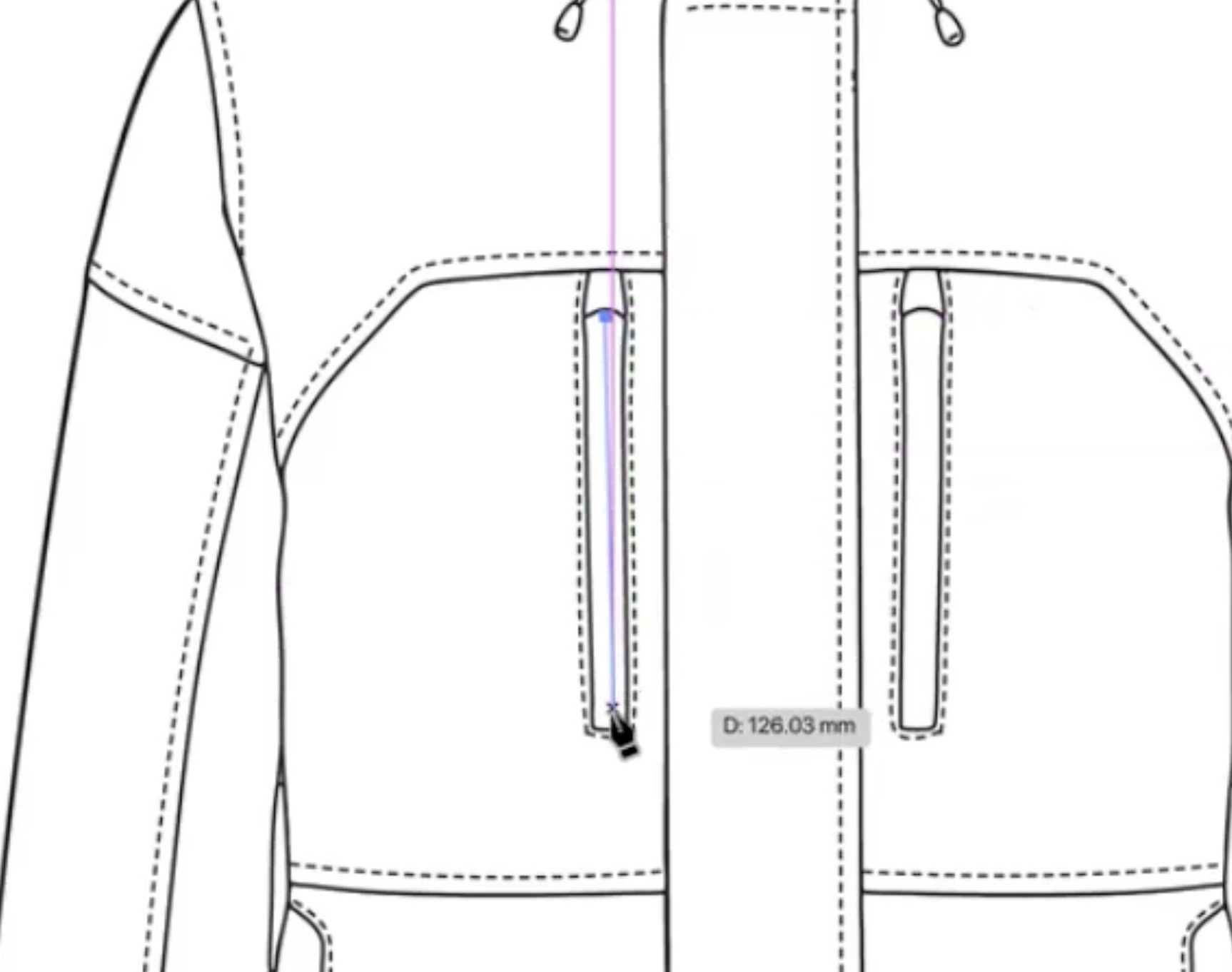 Drawing a zip line on the traced jacket with the pen tool in Illustrator